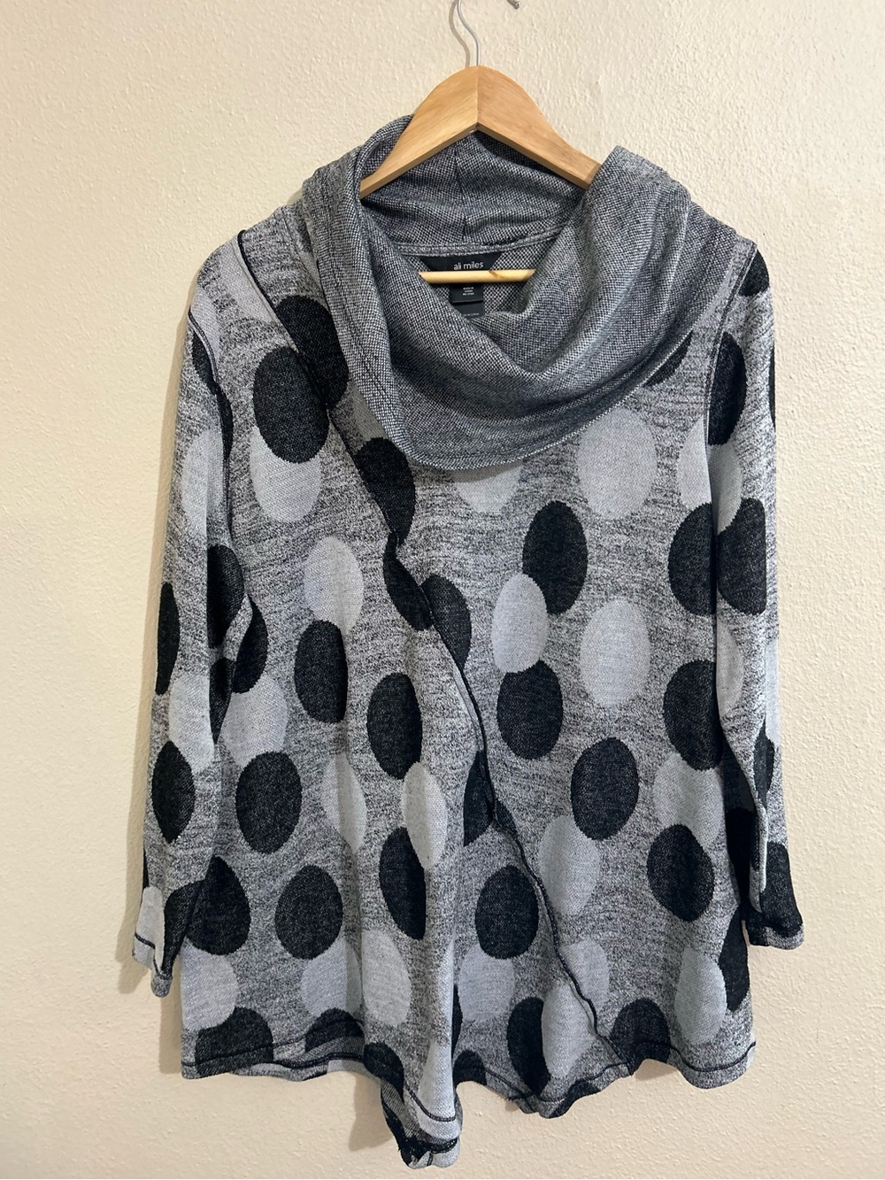 Ali Miles Grey Polka Dot Cowl Neck Sweater Size XL Tunic Asymmetrical Artsy Mod